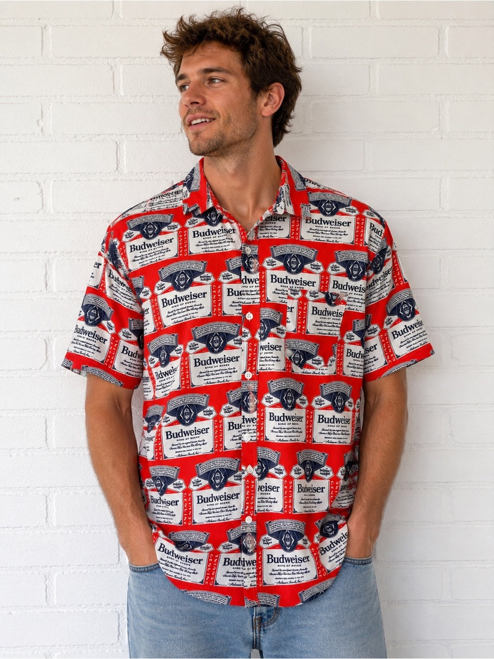 Budweiser Red Logo Print Short-Sleeve Shirt - Men's XL novelty button up label